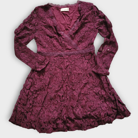 Altar'd State Dresses & Skirts - Altar'd State Calysta Burgundy Floral Lace Embroidered Long Sleeve Mini Dress XS